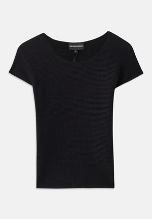 Black short-sleeve top with a wide round neckline. Made of textured fabric, featuring subtle ribbing and a relaxed fit design.