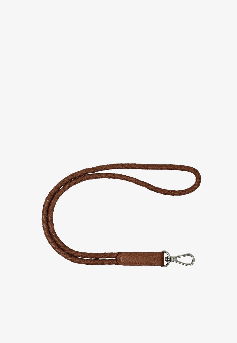 Lanière en cuir marron tressé avec un fermoir pivotant en métal à une extrémité.