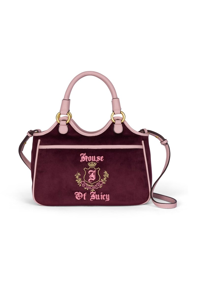 Borsa in suede bordeaux con dettagli in pelle rosa, manici per il trasporto e una tracolla staccabile. Presenta un logo ricamato e un design di corona.