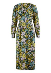Langärmliges Midi-Kleid mit V-Ausschnitt, das ein abstraktes Blumenmuster in Grün, Gelb, Blau und Rosa auf dunkel Hintergrund zeigt.