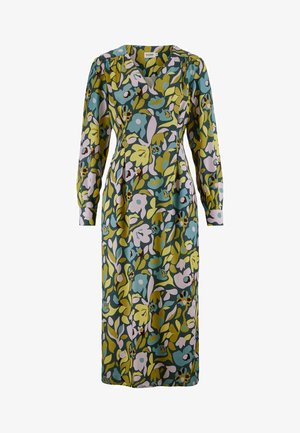 Langärmliges Midi-Kleid mit V-Ausschnitt, das ein abstraktes Blumenmuster in Grün, Gelb, Blau und Rosa auf dunkel Hintergrund zeigt.