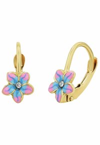 Pendientes de flores en tono dorado con pétalos de esmalte azul y rosa, y un acento de strass transparente en el centro. Estilo de cierre de palanca.