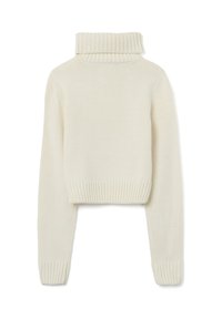 Cropped sweater in cream, featuring a ribbed turtleneck and cuffs, with smooth knit texture and long sleeves. Back view shown.