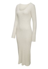 Helles beiges Langarmkleid aus geripptem Strickstoff; verfügt über einen Rundhalsausschnitt und eine taillierte Silhouette in Midi-Länge.