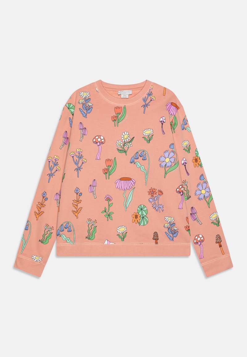 Rožinis džemperis su spalvingais gėlių ir grybų siuvinėjimais, ilgomis rankovėmis ir apvaliu iškirpimu, su grioveliais ant manžetų ir apačios.