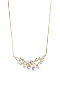 Złoty naszyjnik z delikatnym łańcuszkiem, zdobiony wzorem przypominającym liść, z przezroczystymi, błyszczącymi kamieniami szlachetnymi w różnych kształtach markizy i okrągłych.