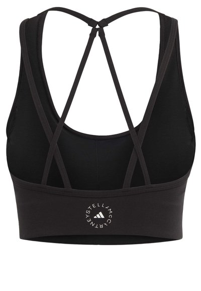 Black sports bra with cross-back straps, featuring a round logo at the front. The fabric appears smooth with a slight stretch.