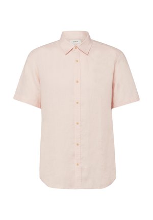 Chemise rose clair à manches courtes boutonnée, col pointu, sept boutons beiges sur le devant et ourlet droit.