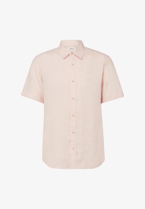 Chemise rose clair à manches courtes boutonnée, col pointu, sept boutons beiges sur le devant et ourlet droit.