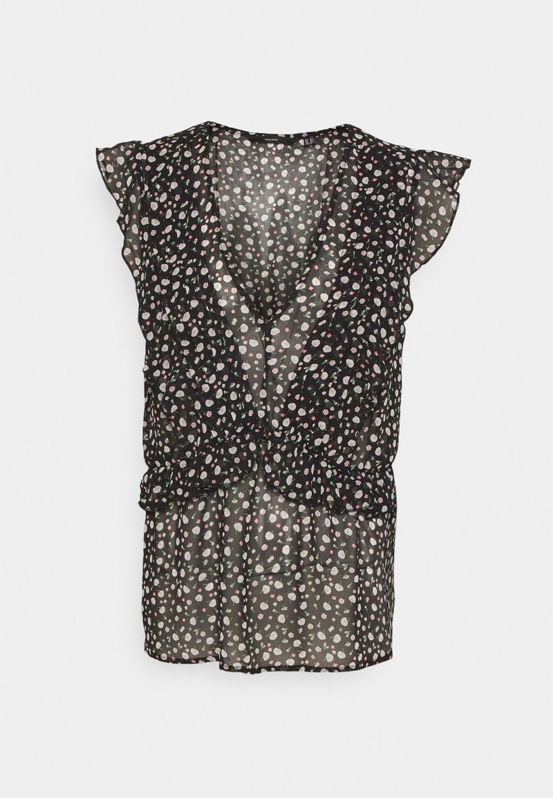 Blusa preta transparente com mangas curtas e esvoaçantes, apresentando um padrão de bolinhas florais em rosa e branco, decote em V e detalhe de cintura franzida.