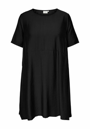 Zwarte losvallende jurk met korte mouwen, ronde halslijn, licht gestructureerde stof en een naad onder de buste.