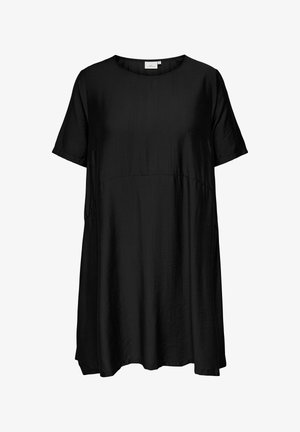 Zwarte losvallende jurk met korte mouwen, ronde halslijn, licht gestructureerde stof en een naad onder de buste.