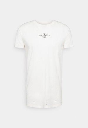 Weißes, verwaschenes T-Shirt mit kurzen Ärmeln und kleinem schwarzem "SikSilk"-Logo in der Mitte der Brust, auf einem schlichten Hintergrund dargestellt.