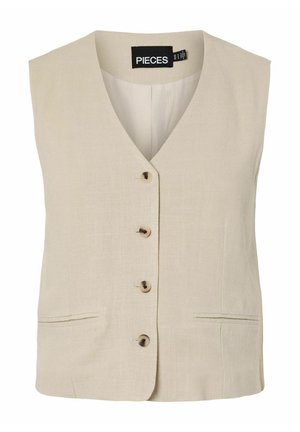 Bež bezrukavna prsluk s V-izrezom, četiri gumba sprijeda, dva ukopčana džepa i etiketa marke "PIECES" unutar ovratnika.