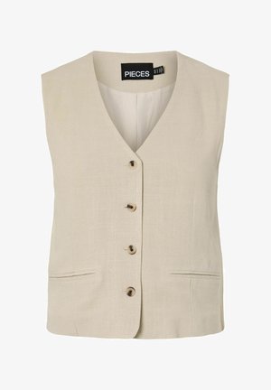 Smėlio spalvos berankovė liemenė su V formos iškirpte, keturiais priekiniais mygtukais, dviem paslėptomis kišenėmis ir „PIECES“ prekės ženklo etikete ant apykaklės viduje.