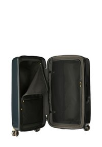 Hartschalenkoffer in Dunkelblau, mit Reißverschlussöffnung, unterteilter Innenraum mit Netztaschen und glatten Rädern für Mobilität.