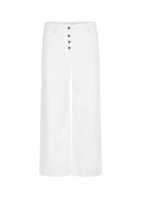 Pantalones de pierna ancha blancos hechos de algodón con una textura suave, que presentan un cierre frontal con botón y lazos para cinturón. No se ven bolsillos.