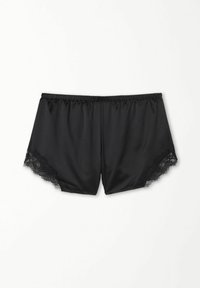 Zwarte satijnen shorts met een elastische tailleband, voorzien van delicate kant langs de zoom. Glad van textuur, ontspannen pasvorm en geen zichtbare branding.