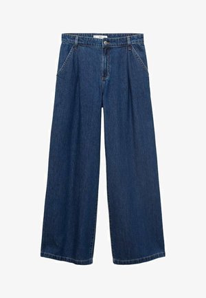 Wide-leg blue denim pants with a high waist, featuring four pockets, belt loops, and contrasting stitching along the seams.