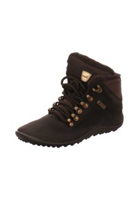 Schwarze Knöchelboots aus weichem Material, mit goldenen Metallelementen, runden Schnürsenkeln und einem plüschigen Schaft. Strukturierte Gummisohle mit Profil.