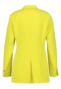 Blazer giallo con una vestibilità su misura, colletto a scomparsa, dettagli dello spacco posteriore e maniche lunghe, con bottoni decorativi sui polsini.