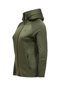 Paltas su gobtuvu, alyvuogių spalvos, pagamintas iš lygaus medžiagos. Yra centrinis užtrauktukas, šoniniai kišeniai su užtrauktukais ir prigludęs dizainas.