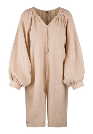 Beige bomuldsdragt med en struktureret overflade, oversized lange ærmer, knaplukning og cropped ben.