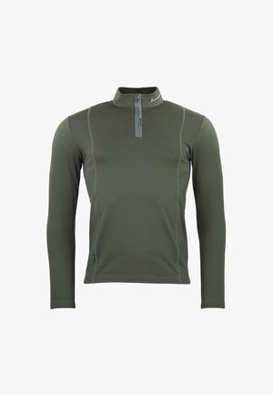 Maglione con zip al collo a manica lunga in verde oliva scuro. Realizzato in tessuto liscio ed elastico con cuciture grigie a contrasto e dettagli sul colletto.