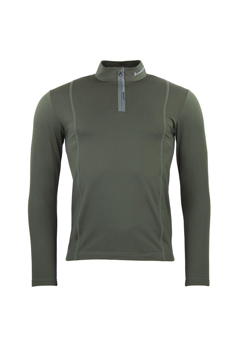 Pull-over à manches longues avec col zippé en vert olive foncé. Confectionné dans un tissu lisse et extensible avec des surpiqûres grises contrastantes et des accents au niveau du col.