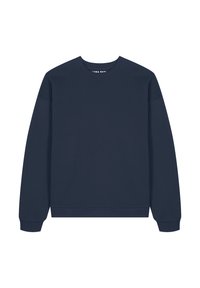 Felpa blu navy realizzata in morbido cotone, con scollatura a girocollo, maniche lunghe, polsini e orlo a costine, dal taglio rilassato e senza fantasie.