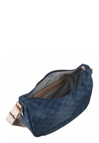 Navy blue patterned fabric bag with a zipper closure, beige strap, and a spacious gray interior featuring a zipped pocket and compartments.