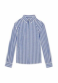 Camisa de botones de manga larga a rayas azul y blanca con un collar clásico y puños a rayas en contraste. Tela de algodón con una textura suave.