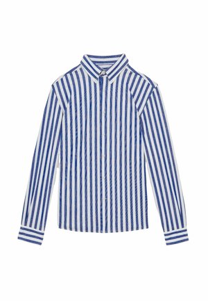 Blau-weiße gestreifte langärmelige Hemdbluse mit klassischem Kragen und kontrastierenden gestreiften Manschetten. Baumwollstoff mit glatter Oberfläche.