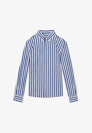 Kék és fehér csíkos, hosszúujjú gombos ing klasszikus gallérral és kontrasztos csíkos mandzsettákkal. Pamut anyag, sima tapintással.