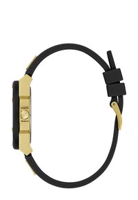 Schwarze Smartwatch mit quadratischem Ziffernblatt, goldenen Akzenten am Gehäuse und den Tasten, Gummiband und einem einzigartigen Verschlussdesign.