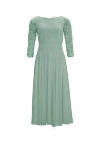 Robe vert menthe avec un buste en dentelle ajusté et des manches trois-quarts. La jupe est plissée et flotte doucement, réalisée en tissu léger.