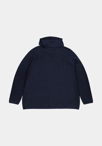 Maglione blu navy con collo alto a costine, texture a coste, maniche lunghe e vestibilità rilassata. Colore uniforme, senza motivi o decorazioni.