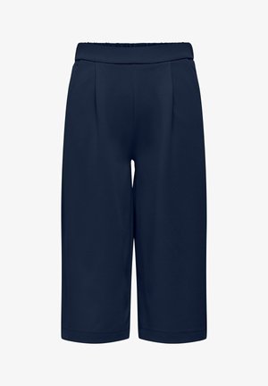 Granatowe szerokie spodnie o kroju culotte z elastycznym paskiem w talii i plisami z przodu, odpowiednie zarówno na co dzień, jak i na bardziej formalne okazje.