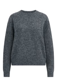 Grå ulltröja med rund halsringning, långa ärmar och ribbade manschetter. Har en mjuk, texturerad yta och en avslappnad passform.