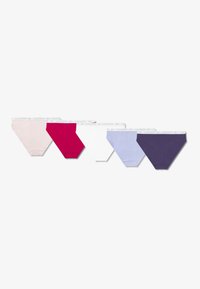 Five pairs of thong underwear in shades of light pink, fuchsia, white, light blue, and dark purple with branded elastic waistbands.