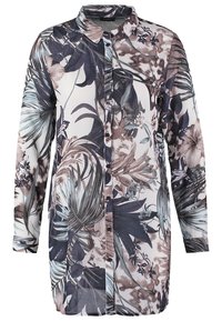 Camicia con bottoni e motivo floreale, nei colori blu scuro, beige e bianco. Realizzata in tessuto leggero con maniche lunghe.