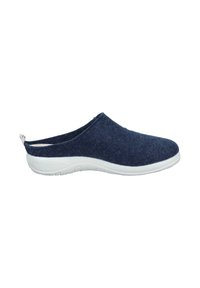 Navy felt slip-on shoe with a rounded toe, white rubber sole, and a smooth texture. Features minimalistic design and low heel.