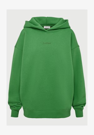 Zöld kapucnis pulóver hosszú ujjal, bordázott mandzsettával és hem, kicsi hímzett "LeGer" logóval a mellkason.