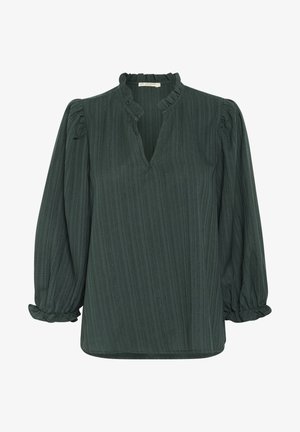 Sötétzöld blúz ribbed textúrával, fodros nyakkivágással és puffos ujjak elastikus mandzsettával. V-alakú dizájn, laza szabás.