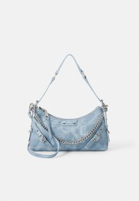 Light blue leather handbag with a curved shape, silver chain detail, and detachable shoulder strap. Features textured surface and metal accents.