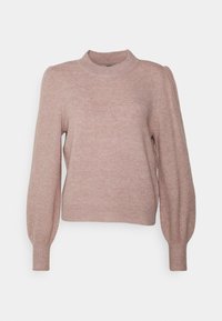 Jasnoróżowy sweter dzianinowy z wysokim kołnierzem, bufiastymi długimi rękawami i prążkowanym wykończeniem. Miękka tekstura, minimalne detale i lekko luźny krój.