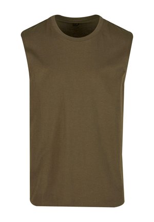 Bezrukávové tričko olivovej zelenej farby vyrobené z jemného bavlneného materiálu, s okrúhlym výstrihom a rovnou spodnou časťou. Hladká textúra bez viditeľných vzorov alebo akcentov.