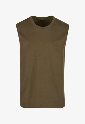 Bezrukávové tričko olivovej zelenej farby vyrobené z jemného bavlneného materiálu, s okrúhlym výstrihom a rovnou spodnou časťou. Hladká textúra bez viditeľných vzorov alebo akcentov.