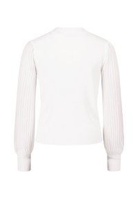 Pull blanc à manches longues avec des manches côtelées légèrement bouffantes et des poignets ajustés, présenté de dos sur un fond uni.