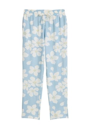 Lichtblauwe broek met trekkoord, grote witte bloemen en gele hartjes, voorzien van een elastische tailleband.